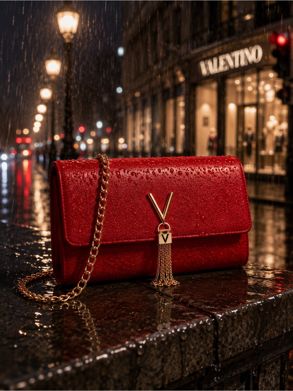 Valentino Red V-Tassel Chain Clutch